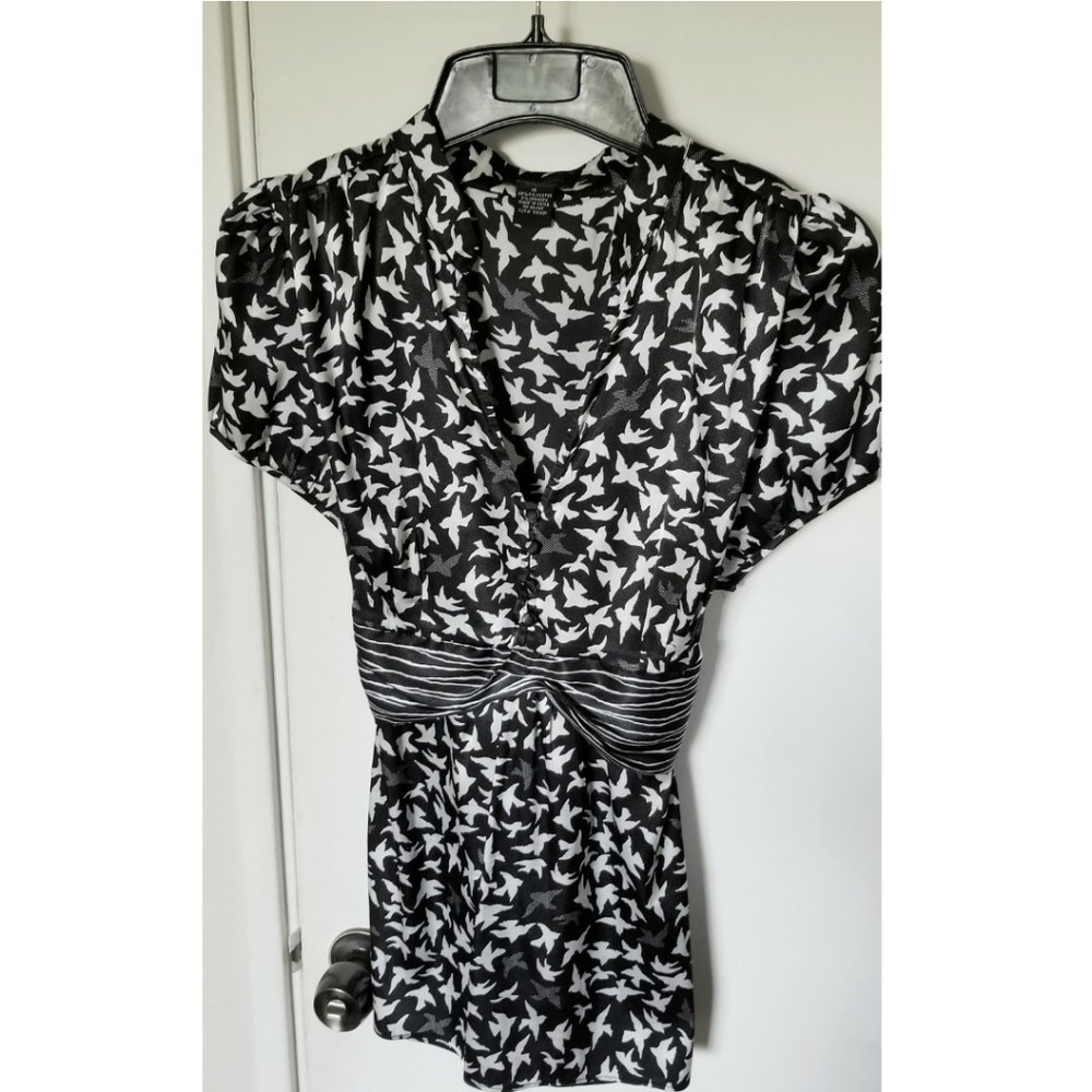 BCBG Silky Career Blouse B&W Birds